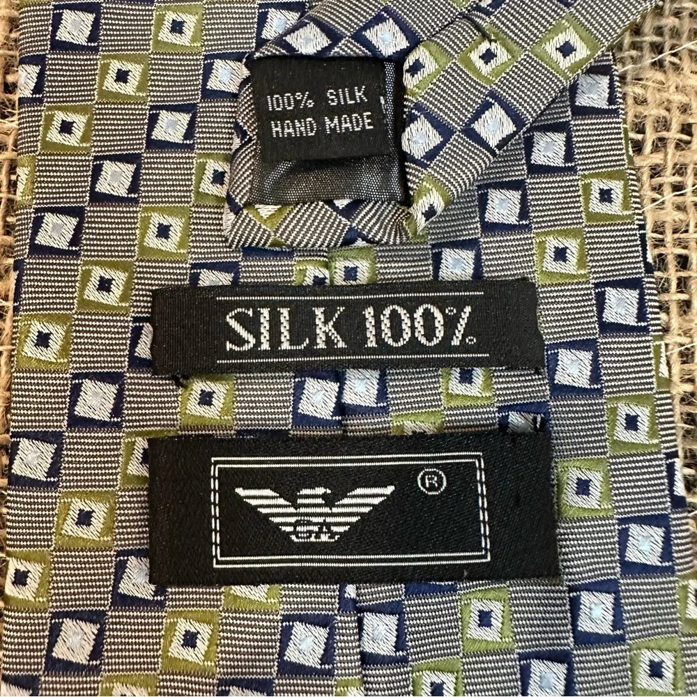 Giorgio Armani 100% Silk Checked Pattern Tie ‎ Navy Green & Cream 4 X 60 inches